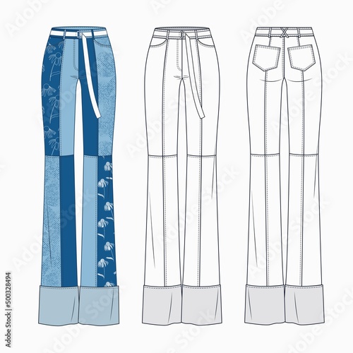 Girl Jeans pants fashion flat design. Women Denim pants, Jeans technical fashion flat template. Jeans Pants with full length, normal low waist,  pockets, print design.