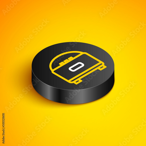 Isometric line Stereo speaker icon isolated on yellow background. Sound system speakers. Music icon. Musical column speaker bass equipment. Black circle button. Vector