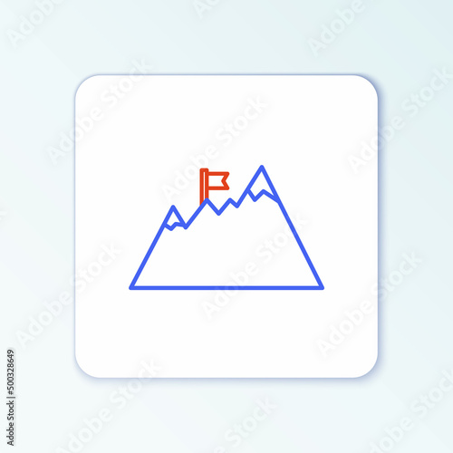 Line Mountains with flag on top icon isolated on white background. Symbol of victory or success concept. Goal achievement. Colorful outline concept. Vector