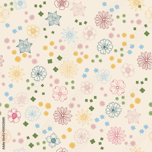 Seamless decorative colorful pattern with cute flower. Print for textile, wallpaper, covers, surface. For fashion fabric. Retro stylization.