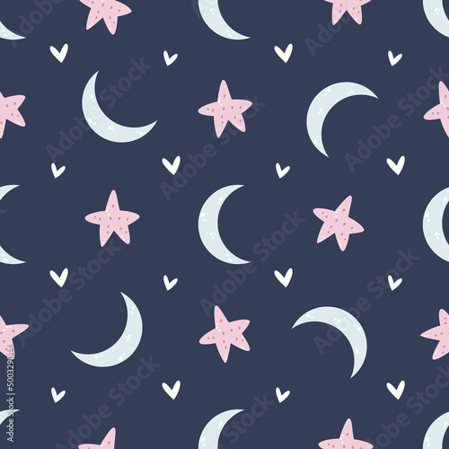 Seamless childish pattern with moons and stars for nursery, baby shower, textile