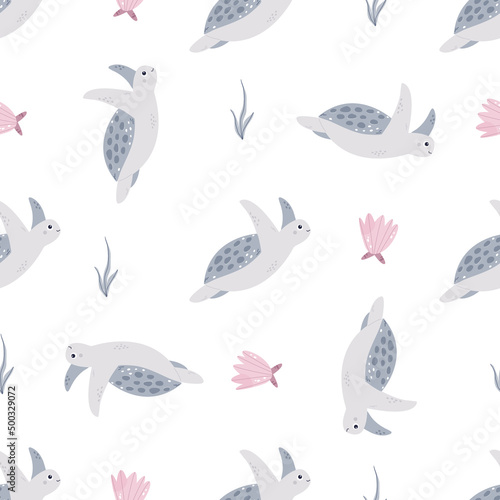 Seamless childish pattern with cute turtles and shells for nursery  baby shower  textile