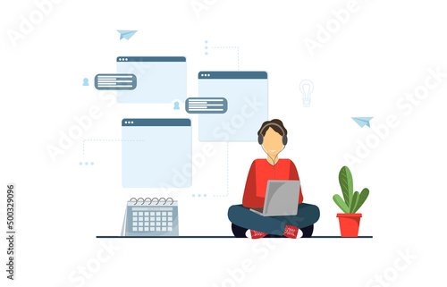 Businessman working at a laptop in the workplace, freelance work, programmer, e-learning, home office concept, business illustration concept for remote work or freelance, flat vector illustration