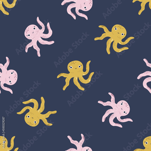 Seamless childish pattern with funny octopuses for nursery  baby shower  textile