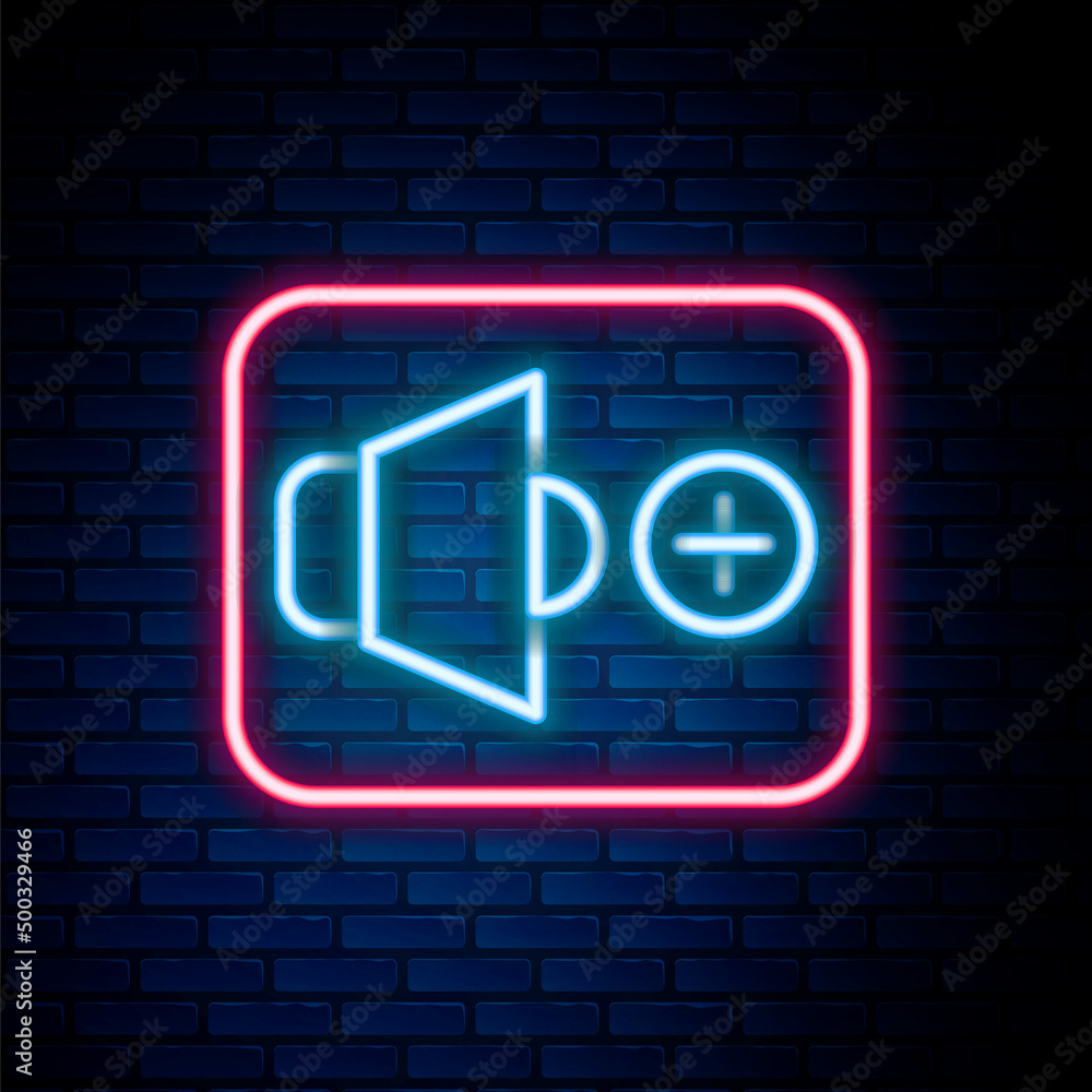 Glowing neon line Speaker volume, audio voice sound symbol, media music icon isolated on brick wall background. Colorful outline concept. Vector Glowing neon line Speaker volume, audio voice sound symbol, media music icon isolated on brick wall background. Colorful outline concept. Vector