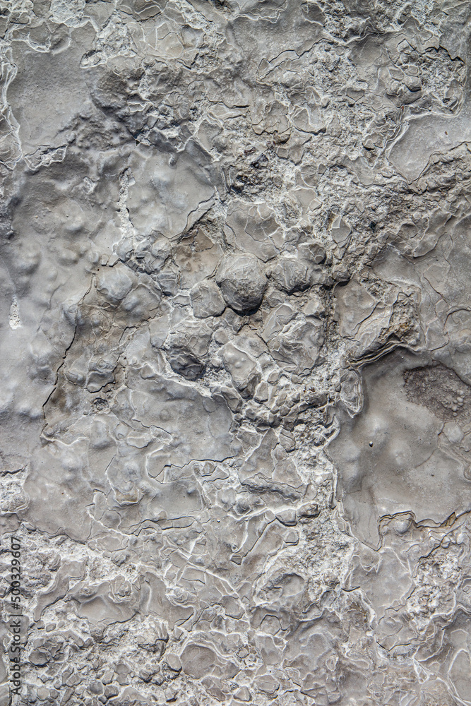 Fototapeta premium Stone texture covered with calcium deposits. Pamukale texture. Grey back.