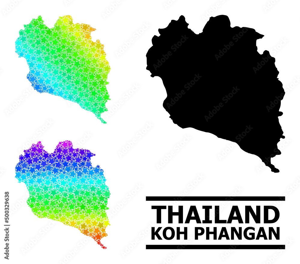 Spectral gradiented star mosaic map of Koh Phangan. Vector colorful map of Koh Phangan with spectral gradients. Mosaic map of Koh Phangan collage is done with scattered colorful star elements.