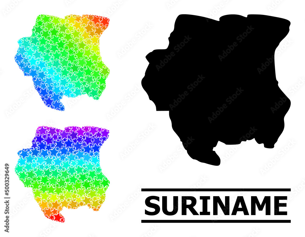 Rainbow gradiented star collage map of Suriname. Vector vibrant map of Suriname with rainbow gradients. Mosaic map of Suriname collage is made with chaotic color star elements.