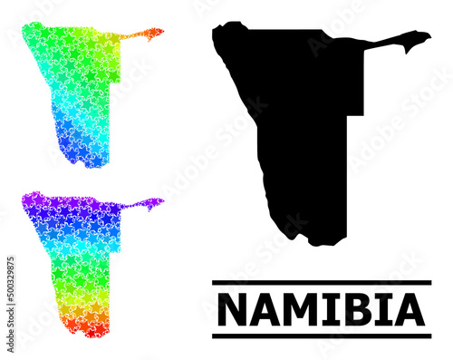 Rainbow gradient starred mosaic map of Namibia. Vector colorful map of Namibia with spectrum gradients. Mosaic map of Namibia collage is composed with randomized colorful star elements.