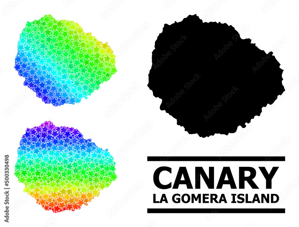 Rainbow gradiented star collage map of La Gomera Island. Vector vibrant map of La Gomera Island with rainbow gradients. Mosaic map of La Gomera Island collage is made with randomized color star parts.