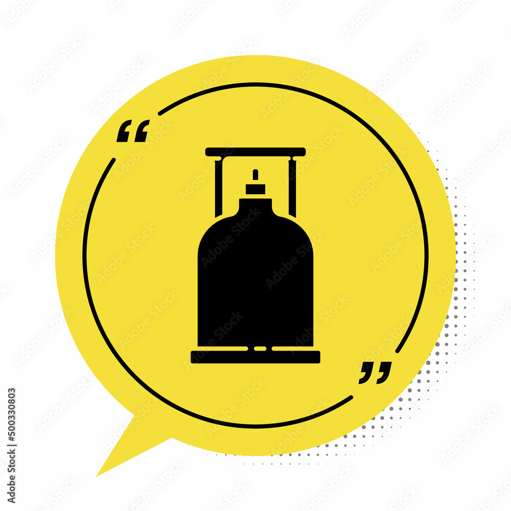 Black Camping gas stove icon isolated on white background. Portable gas burner. Hiking, camping equipment. Yellow speech bubble symbol. Vector Illustration Black Camping gas stove icon isolated on white background. Portable gas burner. Hiking, camping equipment. Yellow speech bubble symbol. Vector Illustration