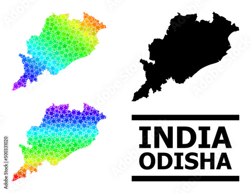 Spectrum gradient star mosaic map of Odisha State. Vector colorful map of Odisha State with spectral gradients. Mosaic map of Odisha State collage is made with randomized colored star items.