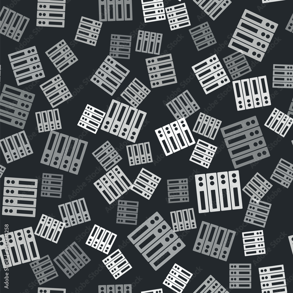 Grey Server, Data, Web Hosting icon isolated seamless pattern on black background. Vector