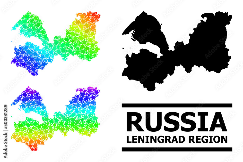 Spectral gradiented stars mosaic map of Leningrad Region. Vector colorful map of Leningrad Region with rainbow gradients.