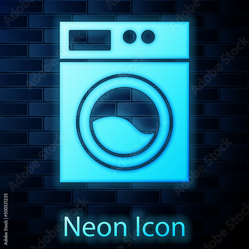 Glowing neon Washer icon isolated on brick wall background. Washing machine icon. Clothes washer - laundry machine. Home appliance symbol. Vector