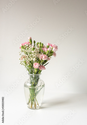 Vertical closeup of pink carnations and white gypsophila baby's breath in glass vase (selective focus) © Natalie Board