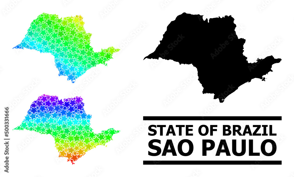 Spectral gradiented star collage map of Sao Paulo State. Vector vibrant map of Sao Paulo State with spectral gradients.
