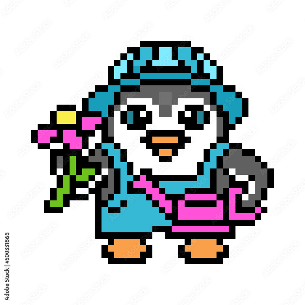 Fototapeta premium Happy gardener penguin with a flower and a watering can, cute pixel art animal character isolated on white background. Old school retro 80s, 90s 8 bit slot machine, computer, video game graphics.