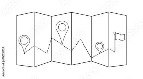 Gps map outline with location pin, flag vector icon. Gps markers with map design illustration isolated on white background, to use in gps, travel, turism, automotive design projects.

