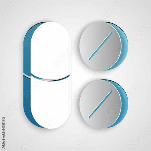 Paper cut Toothache painkiller tablet icon isolated on grey background. Tooth care medicine. Capsule pill and drug. Pharmacy design. Paper art style. Vector