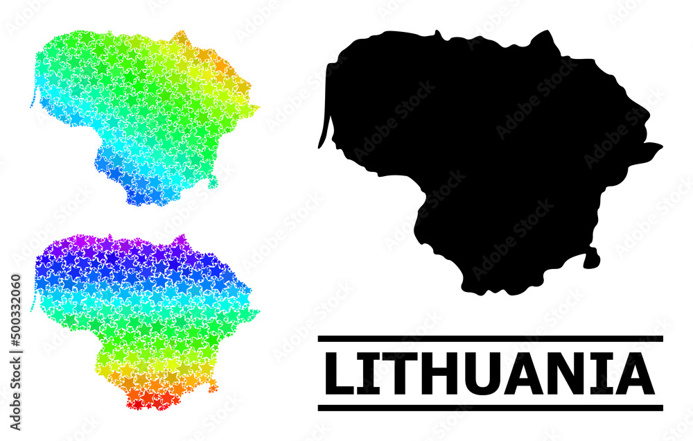 Rainbow gradient star mosaic map of Lithuania. Vector colorful map of Lithuania with spectrum gradients. Mosaic map of Lithuania collage is formed with randomized colorful star elements.