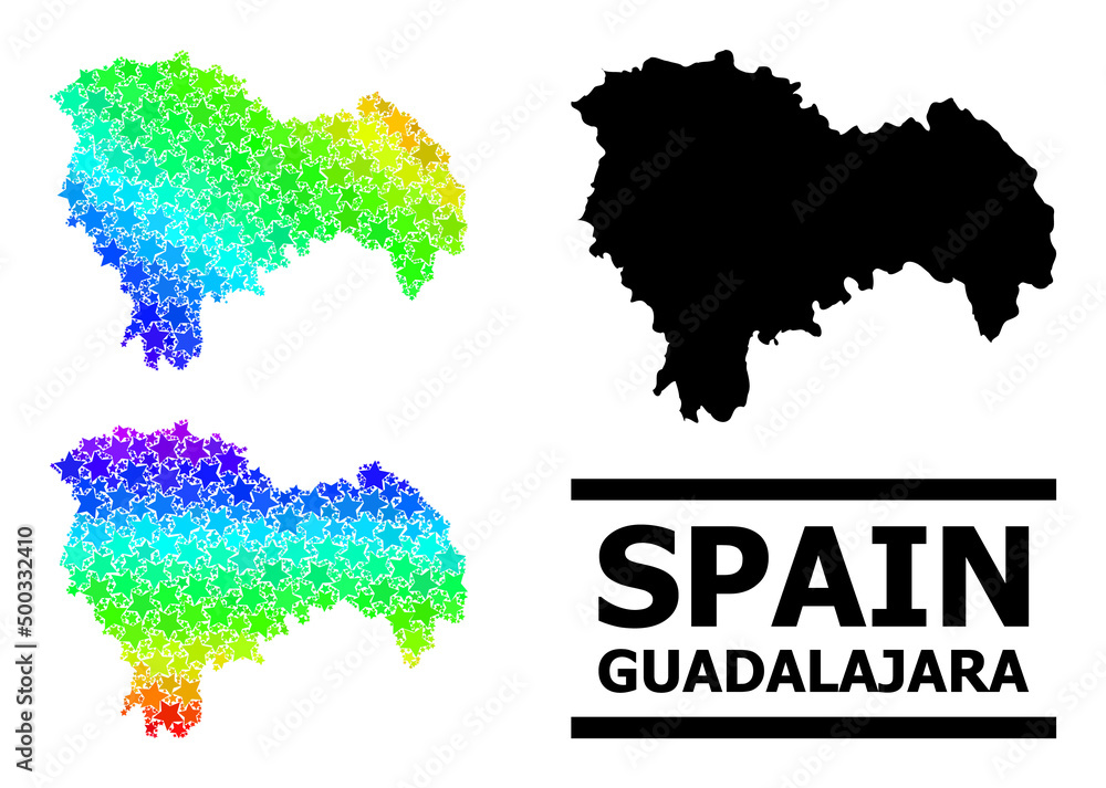 Spectral gradient star collage map of Guadalajara Province. Vector colorful map of Guadalajara Province with spectral gradients.
