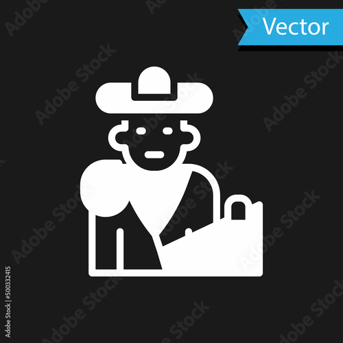 White Spain bullfight, matador icon isolated on black background. Traditional Spanish entertainment. Vector