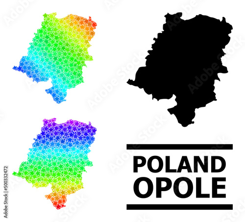 Spectral gradiented star collage map of Opole Province. Vector colored map of Opole Province with rainbow gradients.