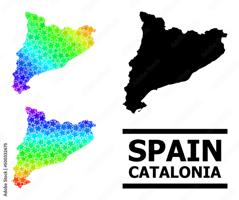 Spectrum gradiented star mosaic map of Catalonia. Vector colorful map of Catalonia with spectrum gradients. Mosaic map of Catalonia collage is constructed from random colored star elements.
