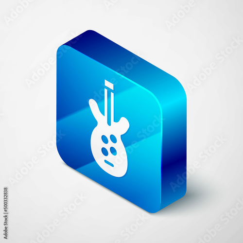 Isometric Electric bass guitar icon isolated on grey background. Blue square button. Vector