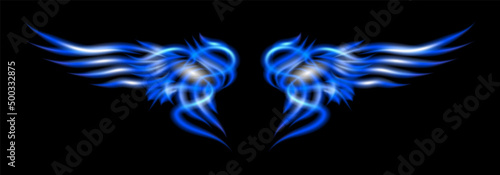 Blue neon glowing abstract blue wings. Isolated  strewn with sparks on dark  black background. Happy Valentines day  angel attributes. Vector