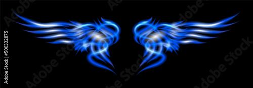 Blue neon glowing abstract blue wings. Isolated, strewn with sparks on dark, black background. Happy Valentines day, angel attributes. Vector