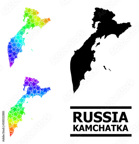 Spectrum gradient star mosaic map of Kamchatka Peninsula. Vector vibrant map of Kamchatka Peninsula with spectrum gradients.