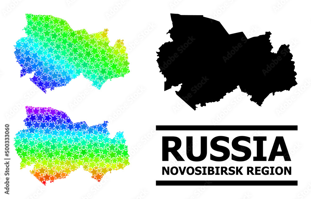 Spectral gradiented stars collage map of Novosibirsk Region. Vector colored map of Novosibirsk Region with spectral gradients.