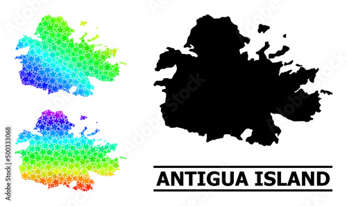 Spectral gradient star collage map of Antigua Island. Vector colored map of Antigua Island with spectral gradients. Mosaic map of Antigua Island collage is organized with randomized color star items.