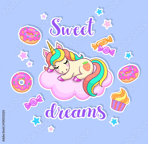 Sweet dreams text. Little unicorn sleep on the cloud. Vector illustration
