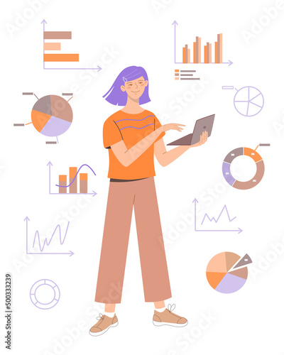 Young girl holds a laptop in her hands and demonstrates pie and column charts and graphs. Presentation in front of  school audience. Vector cartoon illustration. 