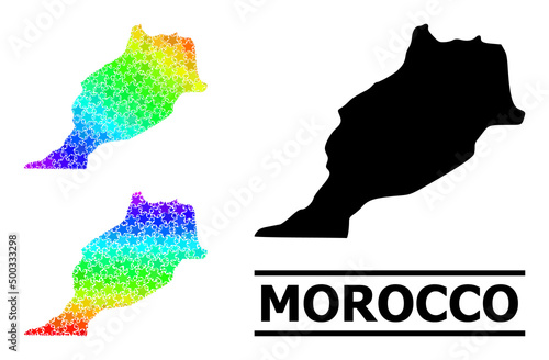 Spectral gradient star mosaic map of Morocco. Vector colored map of Morocco with spectral gradients. Mosaic map of Morocco collage is created from scattered colored star parts.