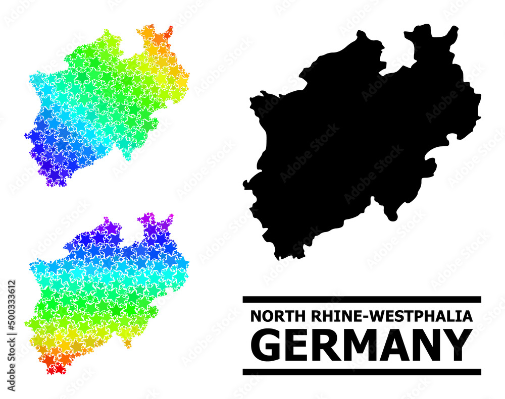 Spectral gradiented star mosaic map of North Rhine-Westphalia State. Vector colorful map of North Rhine-Westphalia State with spectral gradients.