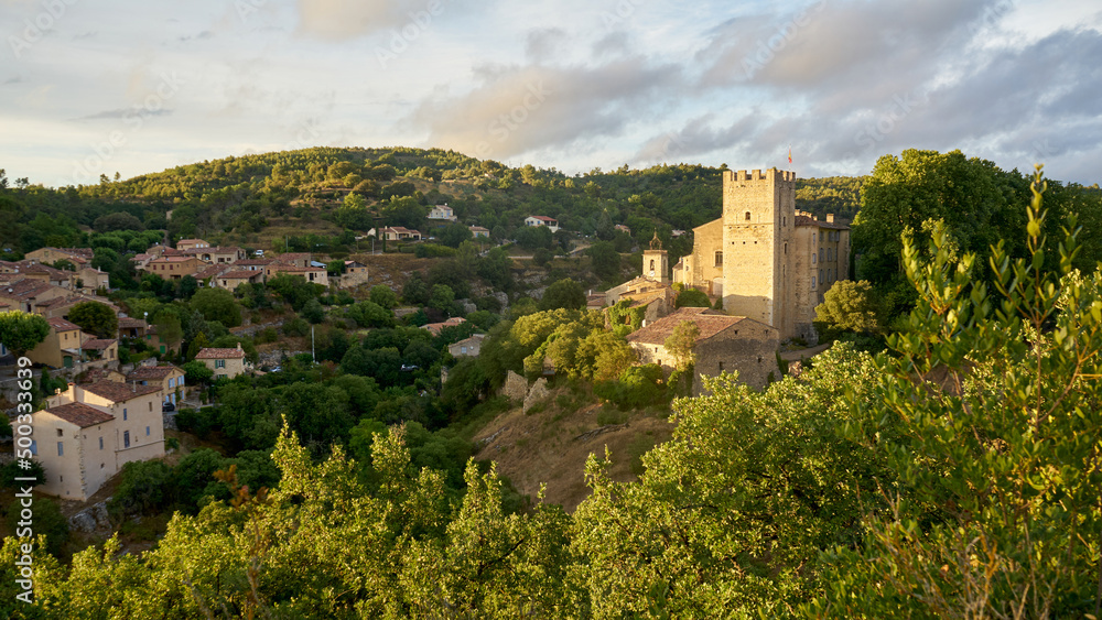 View of the castle and the medieval village of Esparron du Verdon in Provence in the south of France
