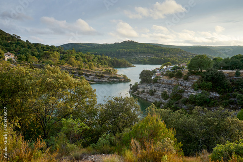 View of the banks of Lac d Esparron at Sunset in the Verdon region of Provence in the south of France
