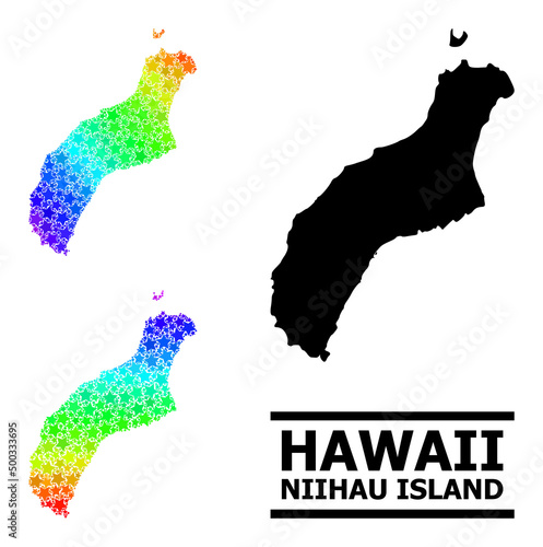 Spectral gradient stars collage map of Niihau Island. Vector colorful map of Niihau Island with spectral gradients. Mosaic map of Niihau Island collage is constructed with random colorful star parts. photo