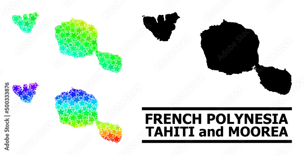 Rainbow gradiented star collage map of Tahiti and Moorea islands. Vector vibrant map of Tahiti and Moorea islands with rainbow gradients.