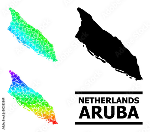 Spectral gradiented starred collage map of Aruba Island. Vector colorful map of Aruba Island with spectral gradients. Mosaic map of Aruba Island collage is created with randomized color star items.