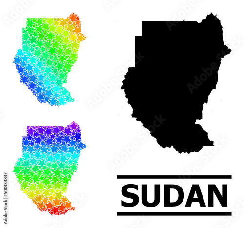 Spectrum gradient star collage map of Sudan. Vector vibrant map of Sudan with spectral gradients. Mosaic map of Sudan collage is done with chaotic colored star elements.