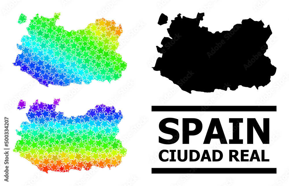 Rainbow gradient starred mosaic map of Ciudad Real Province. Vector colorful map of Ciudad Real Province with rainbow gradients.