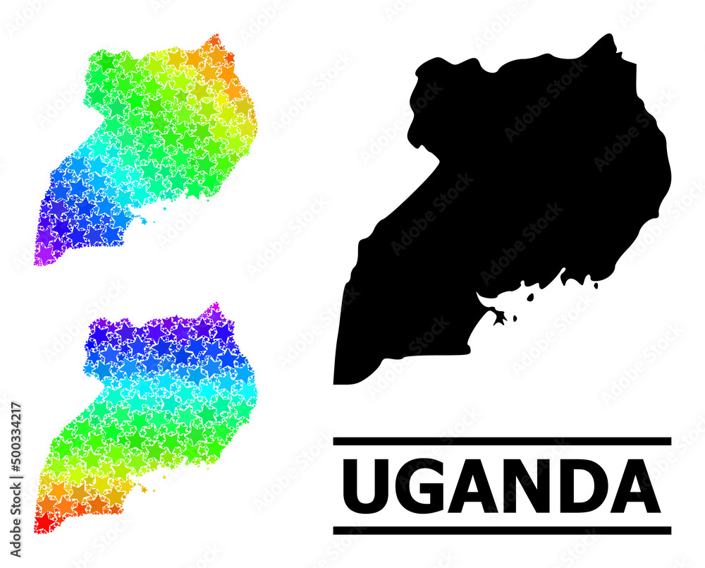 Rainbow gradient star collage map of Uganda. Vector colored map of Uganda with rainbow gradients. Mosaic map of Uganda collage is designed of chaotic colored star elements.