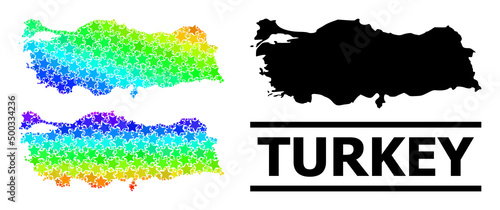 Spectral gradiented star mosaic map of Turkey. Vector colorful map of Turkey with spectral gradients. Mosaic map of Turkey collage is designed from scattered colorful star elements.