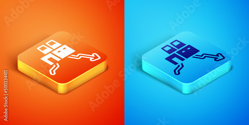 Isometric Shutdown of factory icon isolated on orange and blue background. Industrial building. Vector