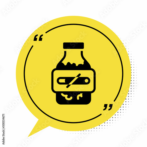 Black Nicotine gum in blister pack icon isolated on white background. Helps calm cravings and reduces anxiety caused by quitting smoking. Yellow speech bubble symbol. Vector